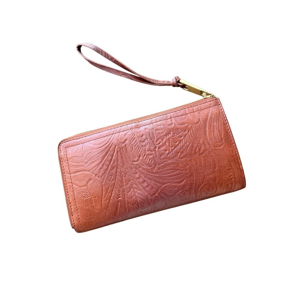Margot New York Cognac Embossed Leather Zip Around Wallet